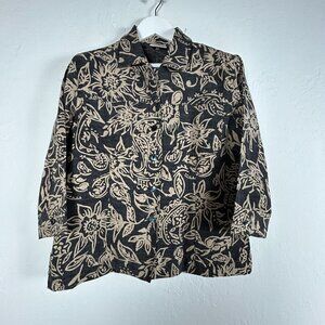 Chico's Design Womens Black Beige Floral Silk Linen Casual Shirt Jacket Size 1